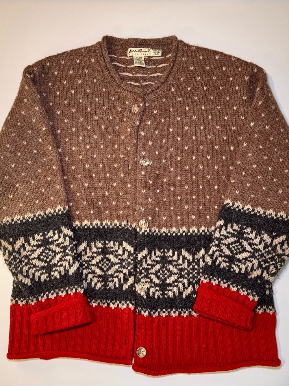 VTGEddie Bauer Brown Fair Isle Cardigan w/Black, Cream & Red Accents Wool Alpaca